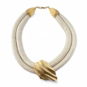 Vintage Nylon Cord Tube Sculptural Ripple Pendant Goldtone Collar Necklace